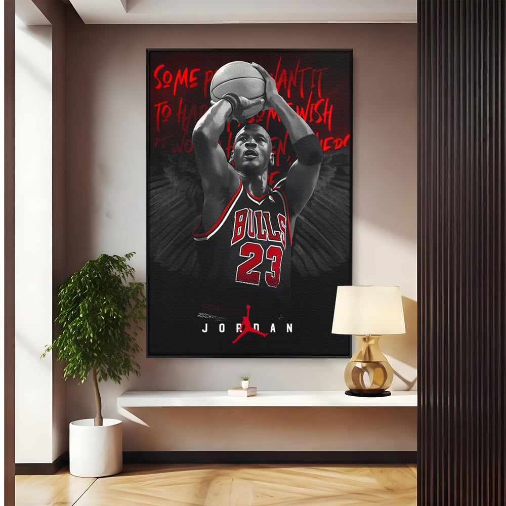 Tablou canvas cu tablou canvas cu michael jordan in actiune, in rama de aluminiu negru